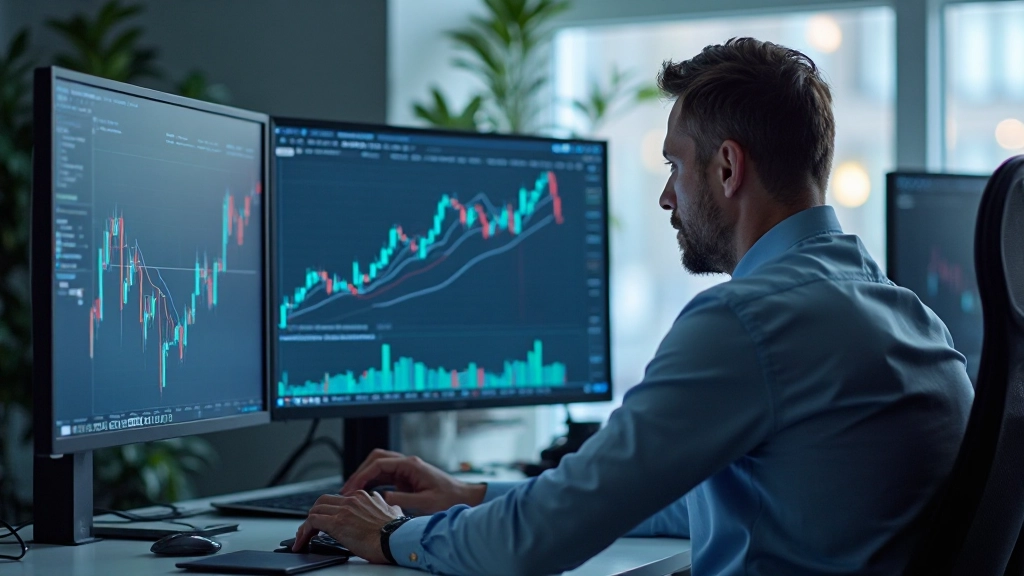Finanzanalyst nutzt mehrere Bildschirme zum Monitoring von Volatilitätsindikatoren