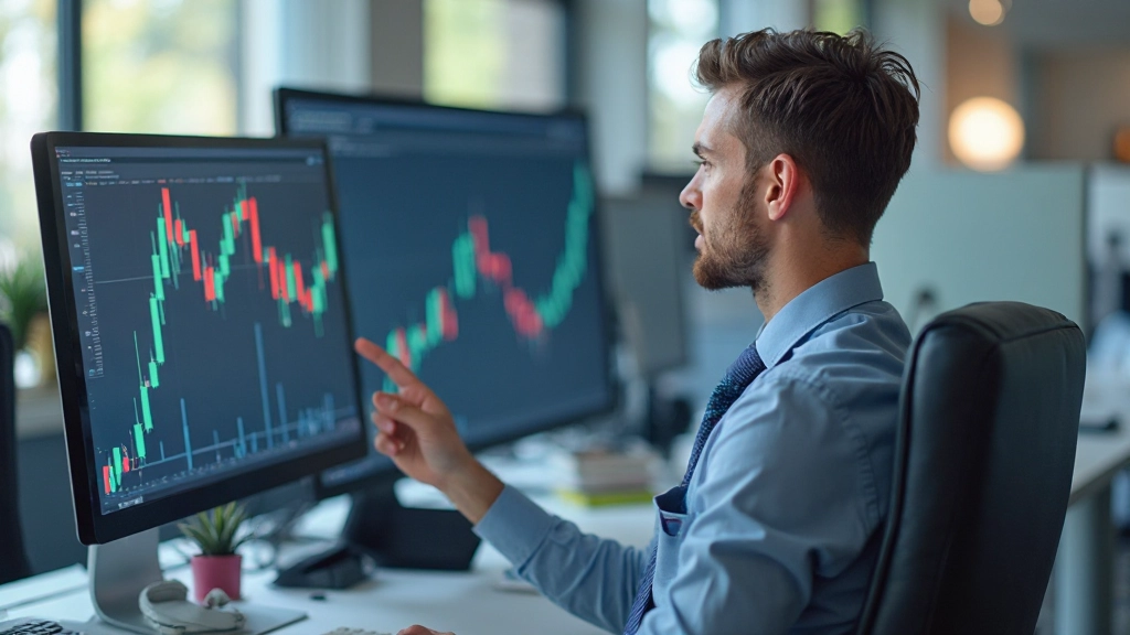 Professioneller Finanzanalyst studiert Trendlinien und Marktbewegungen auf mehreren Handelsbildschirmen