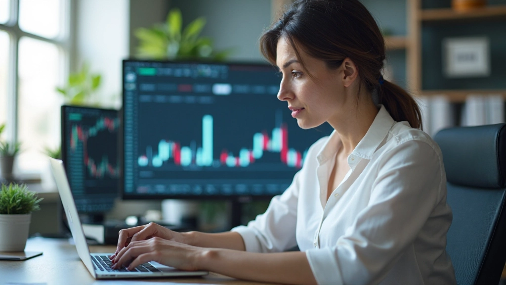 Finanzanalyst arbeitet an Laptop mit Handelssoftware und Finanzdiagrammen