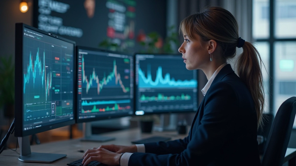 Professionelle Handelsanalystin mit Datenvisualisierung und Finanzgrafiken auf mehreren Bildschirmen