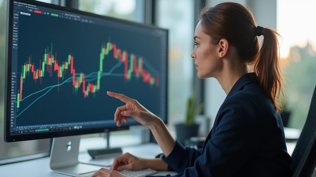 Trader überwacht Echtzeit-Marktbewegungen auf modernem Finanzbildschirm mit Candlestick-Formationen