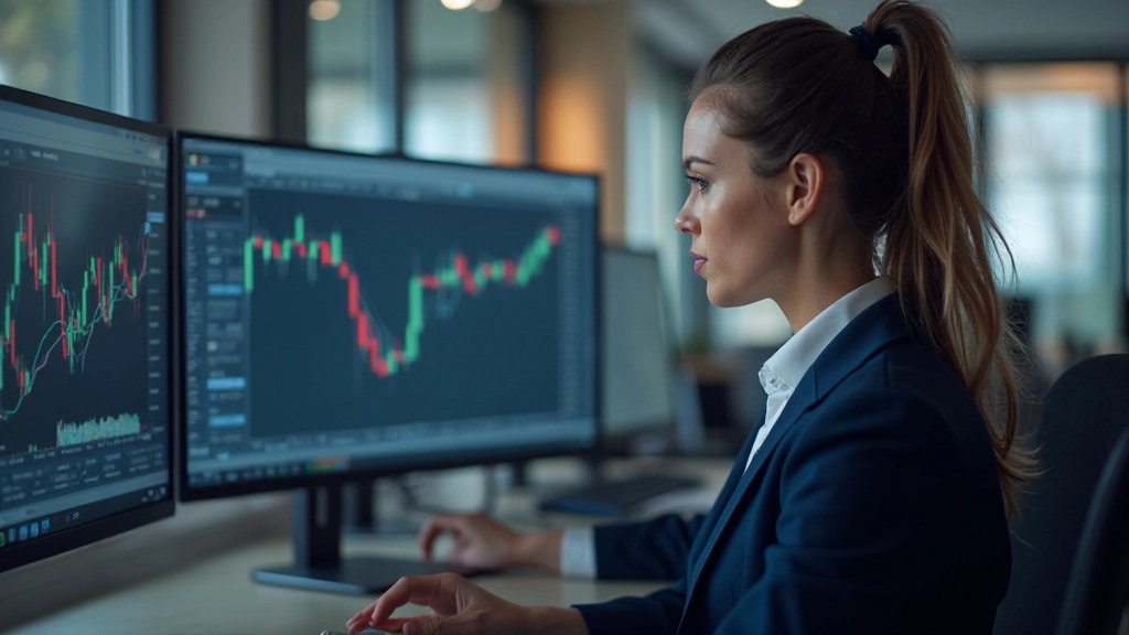 Trader analysiert Markttrends auf mehreren Chart-Bildschirmen zur Strategieentwicklung