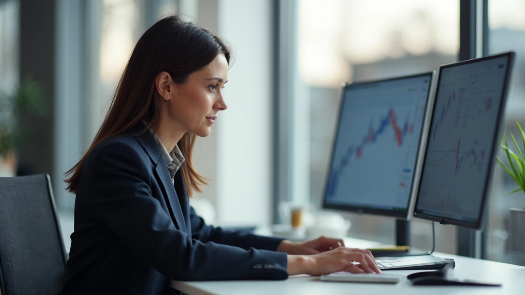 Daytrader verfolgt intraday-Marktbewegungen auf Live-Bildschirmen