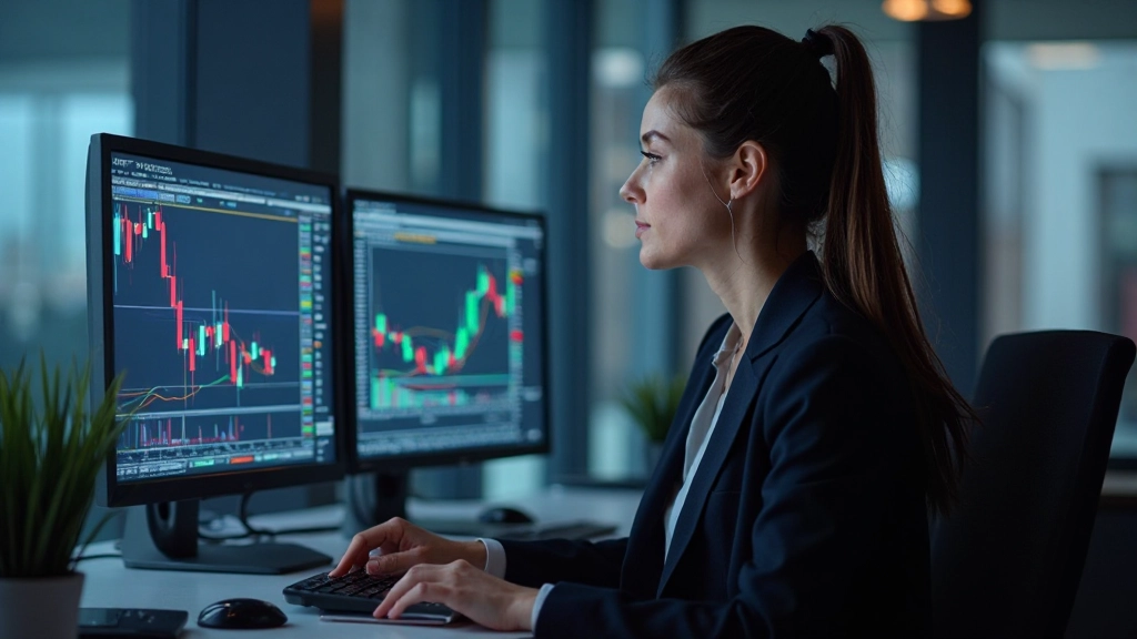 Professioneller Trader analysiert Kerzenstab-Muster auf mehreren Bildschirmen