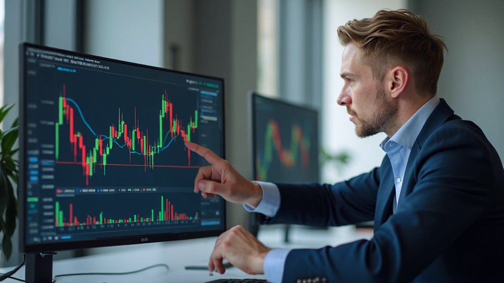 Candlestick-Charts mit grünen und roten Kerzen zeigen verschiedene Formationen auf einem Monitor