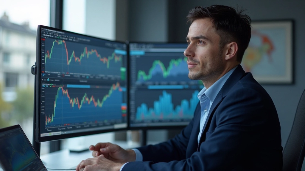Finanzanalyst untersucht saisonale Marktmuster auf mehreren Bildschirmen