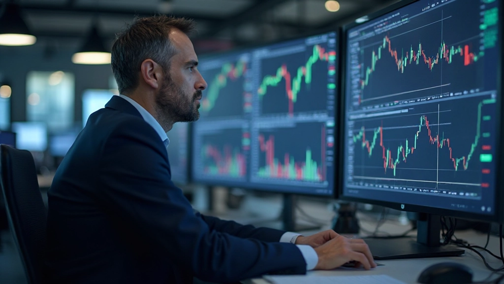 Finanzanalyst untersucht Trendlinien und Marktrichtungen auf mehreren Monitoren