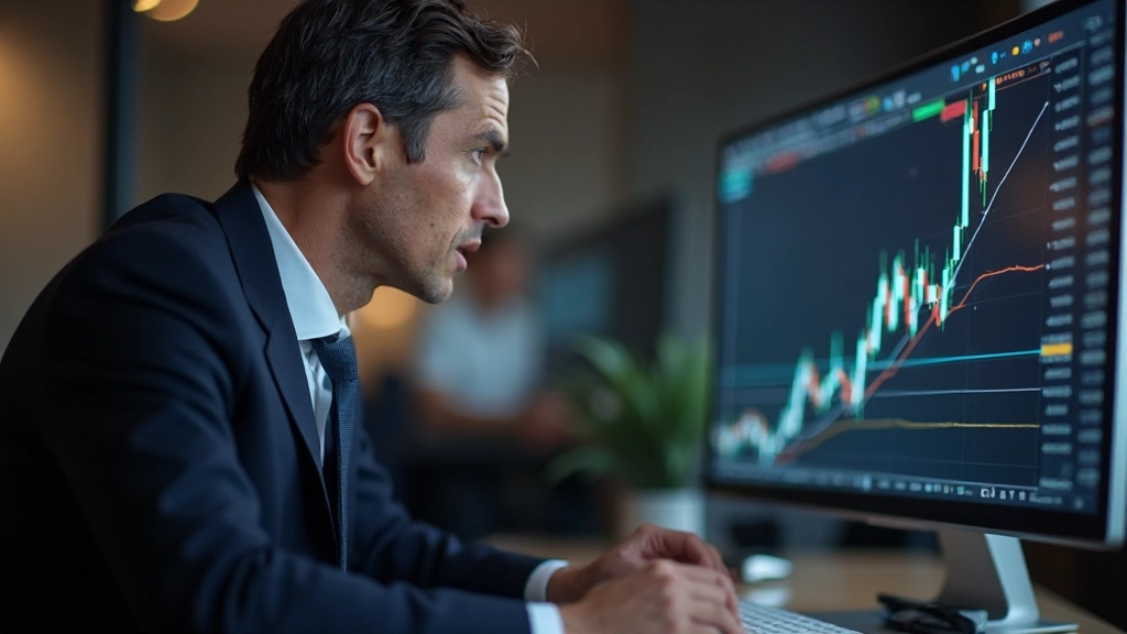Finanzanalyst verfolgt Markttrends und Preisbewegungen auf mehreren Bildschirmen