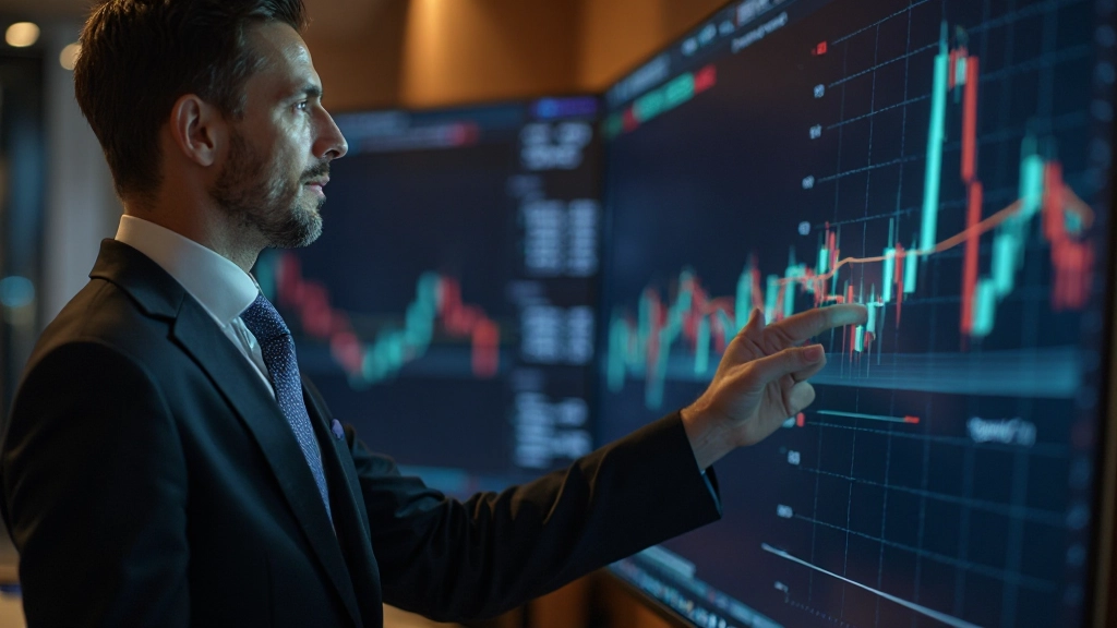 Finanzfachmann zeigt Trendlinie auf interaktiver Börsentafel während Präsentation