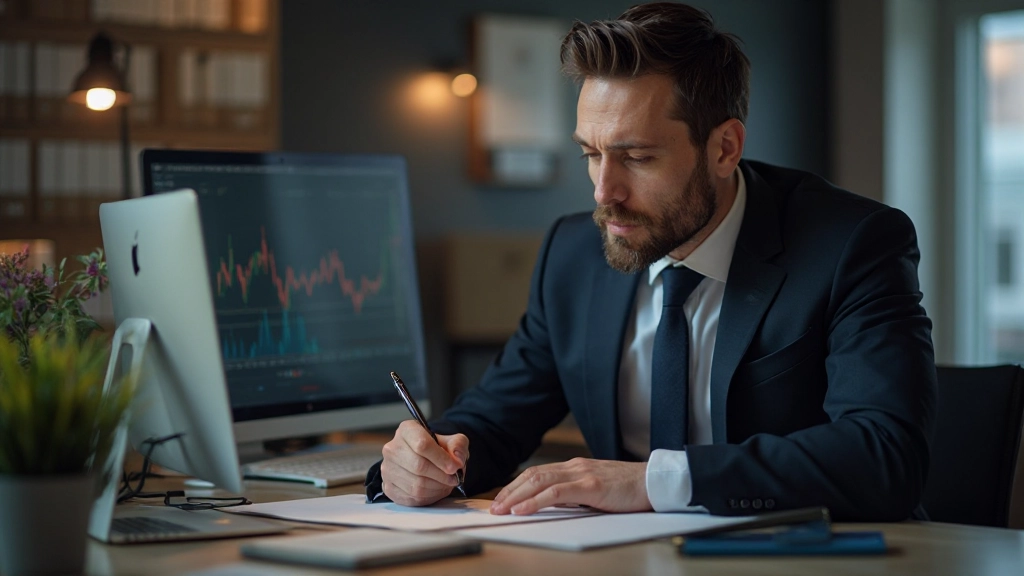 Finanzspezialist erstellt Handelsplan mit Strategiediagrammen