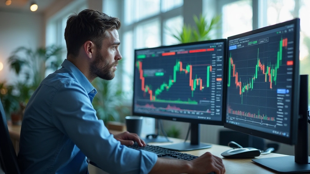 Professioneller Devisenhändler analysiert Marktcharts an mehreren Bildschirmen mit Candlestick-Diagrammen, modernes Handelszimmer, natürliche Beleuchtung