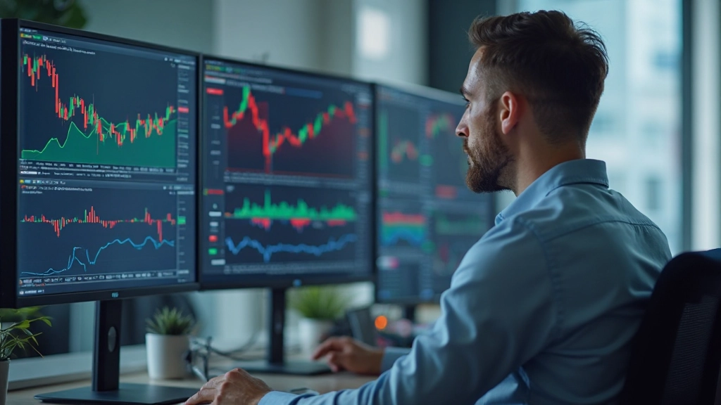 Professionelles Diagramm eines Traders, der Preischarts auf mehreren Monitoren analysiert