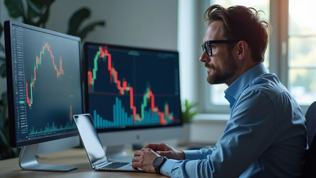 Professioneller Trader analysiert Börsendiagramme auf modernem Handelsbildschirm mit mehreren Monitoren