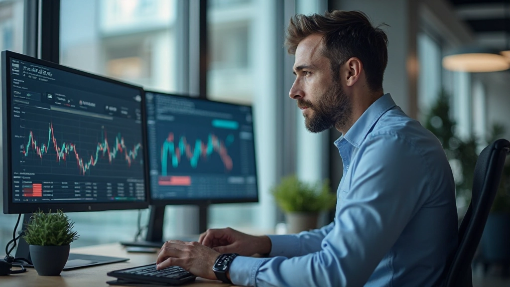 Professioneller Handelsanalyst mit Mehrbildschirm-Setup analysiert Marktdaten in modernem Büro