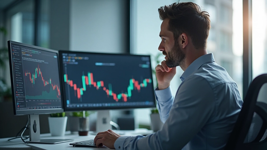 Trader analysiert Stop-Loss und Take-Profit Level auf dem Bildschirm mit Candlestick Charts