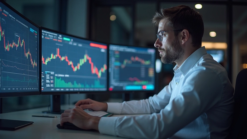 Professionelle Handelsstation mit technischen Analyse-Charts und OBV-Indikatoren auf mehreren Bildschirmen