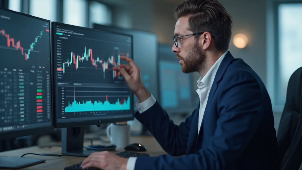 Professioneller Finanzanalyst analysiert Fibonacci-Niveaus auf mehreren Bildschirmen