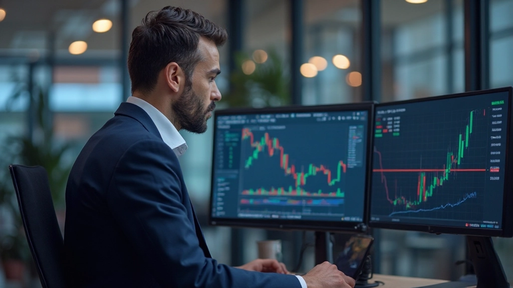 Professioneller Trader am Arbeitsplatz überwacht Finanzmärkte auf mehreren Monitoren