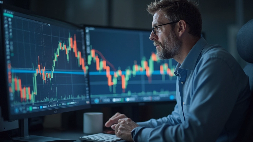 Trader analysiert Candlestick-Muster auf Handelsterminal mit mehreren Monitoren