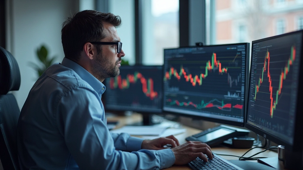 Professioneller Arbeitsplatz mit Aktienmarkt-Charts und Analysewerkzeugen auf dem Monitor