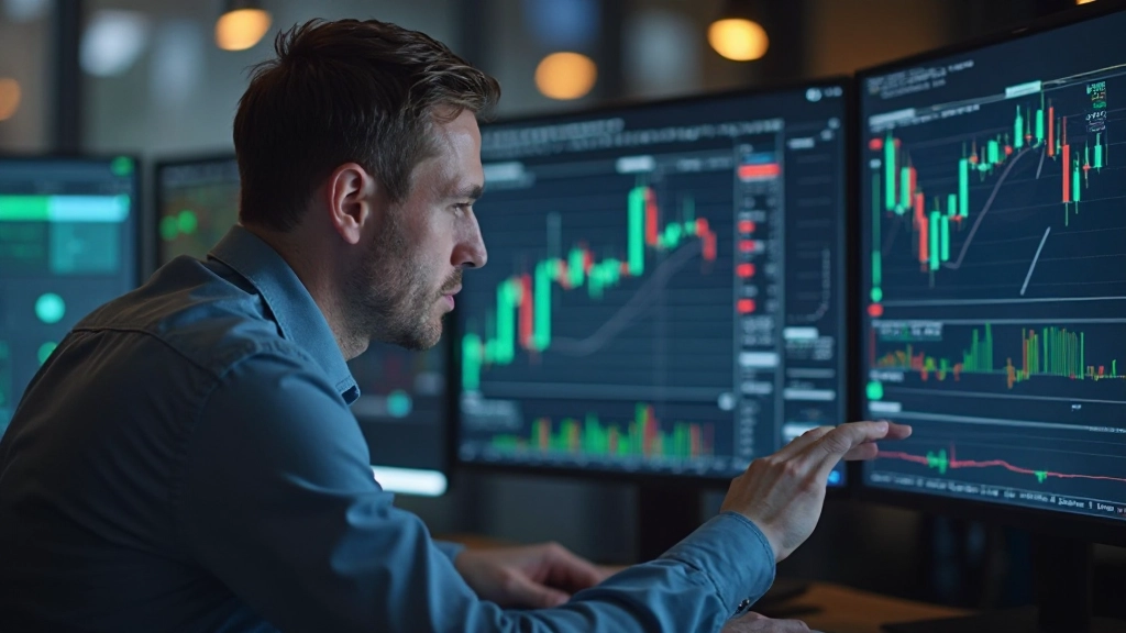 Trader studiert verschiedene Candlestick-Formationen auf Chart-Bildschirm, konzentriert analysierend, professionelle Handelsumgebung