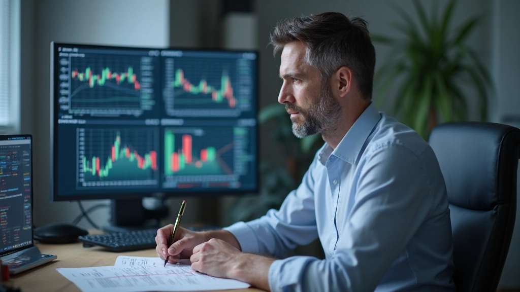 Handelsanalyst arbeitet an Schreibtisch mit mehreren Finanzdiagrammen, konzentrierter Ausdruck, professionelles Büroambiente