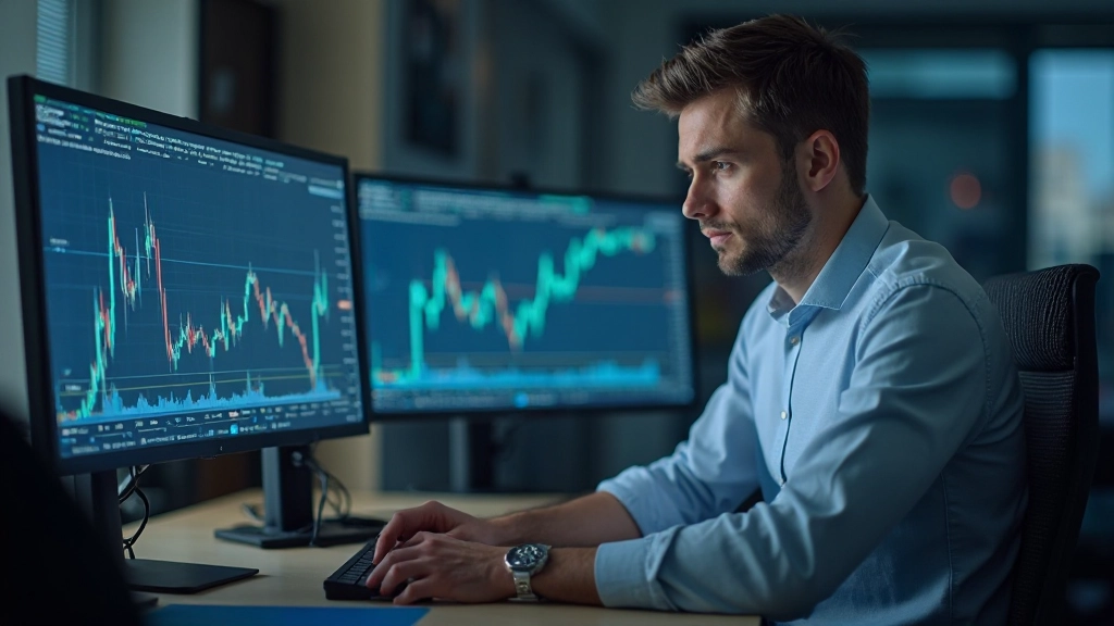 Professionelle Handelsworkstation mit Charts und technischen Indikatoren auf Bildschirmen