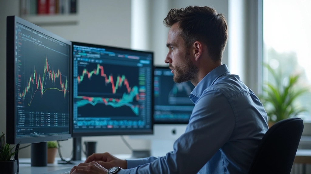Professioneller Trading-Arbeitsplatz mit Mehrschirm-Setup und technischen Analysen