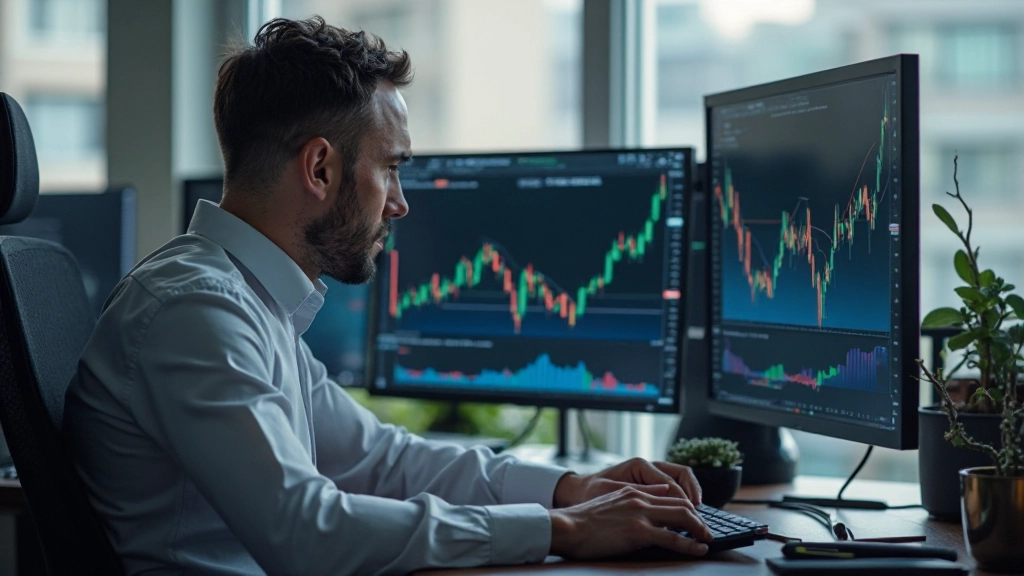 Trader analysiert Volatilitätsmuster auf Bildschirmen mit Charts