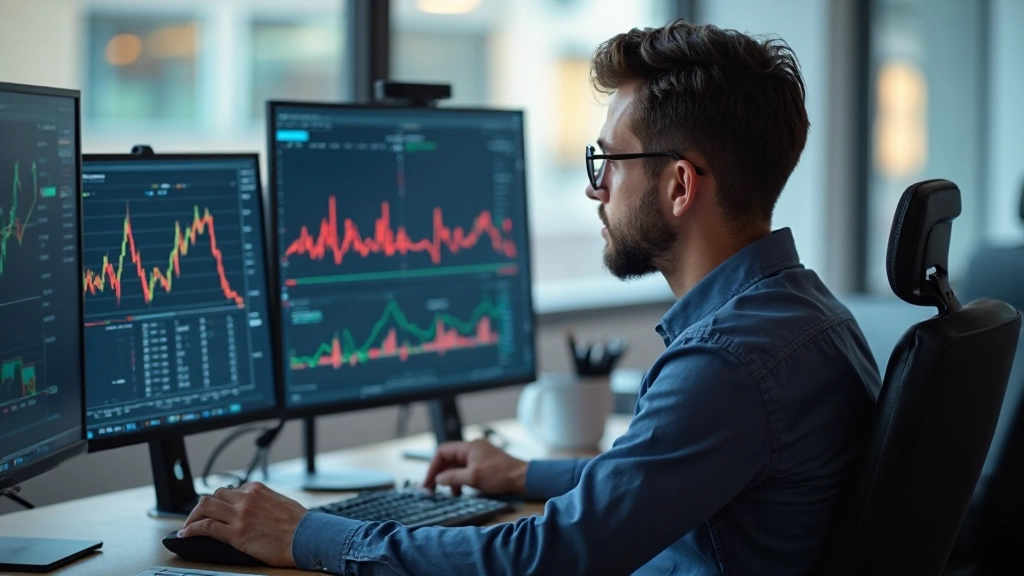 Handelsanalytiker mit Volumendiagrammen auf dem Monitor in modernem Büro