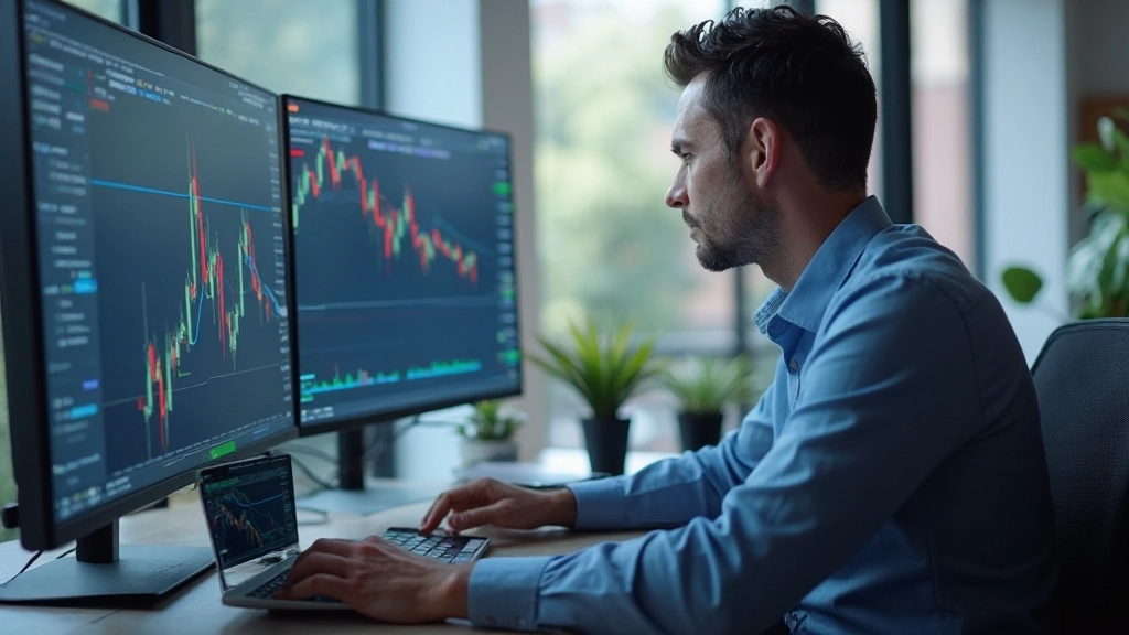 Professionelle Handelsstation mit mehreren Bildschirmen, auf denen Konvergenz-Muster und technische Analyse angezeigt werden