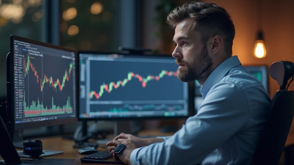 Professioneller Arbeitsplatz mit Mehrfach-Monitoren zeigt Trading-Dashboards und Charts mit technischen Analysen