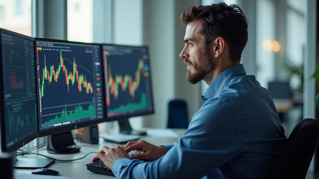 Professionelle Trading-Workstation mit mehreren Monitoren zeigt Candlestick-Charts und technische Indikatoren