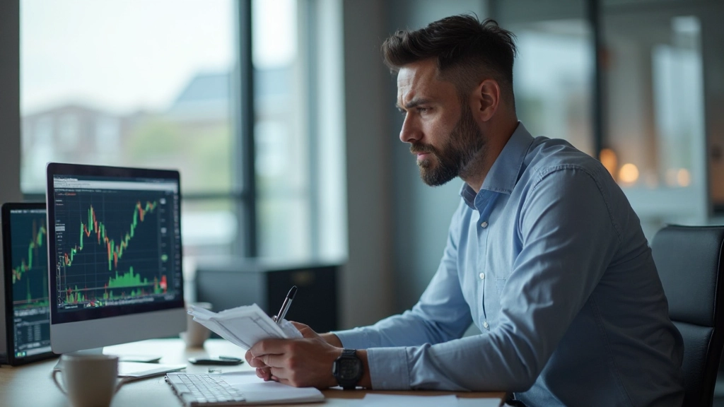 Professioneller Trader führt Trading-Journal mit detaillierten Aufzeichnungen am modernen Schreibtisch
