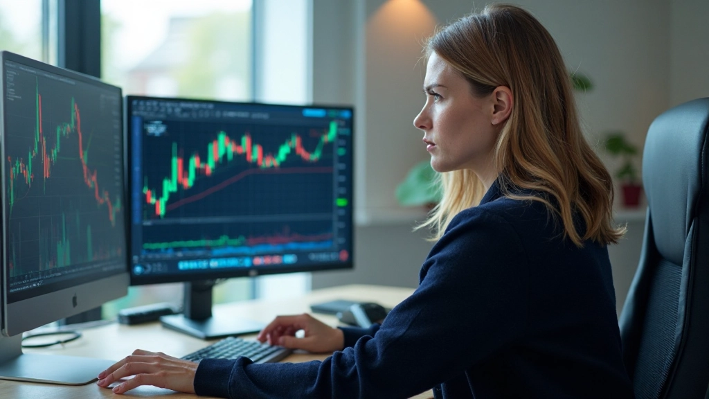 Professionelle Traderin analysiert Ausbruchmuster auf mehreren Monitoren in modernem Büro