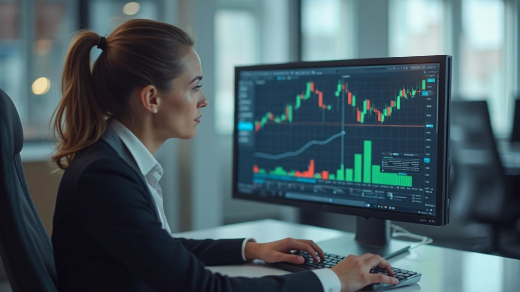 Finanzanalyst nutzt technische Analyse-Software auf dem Computer-Bildschirm, detaillierte Diagramme und Indikatoren sichtbar