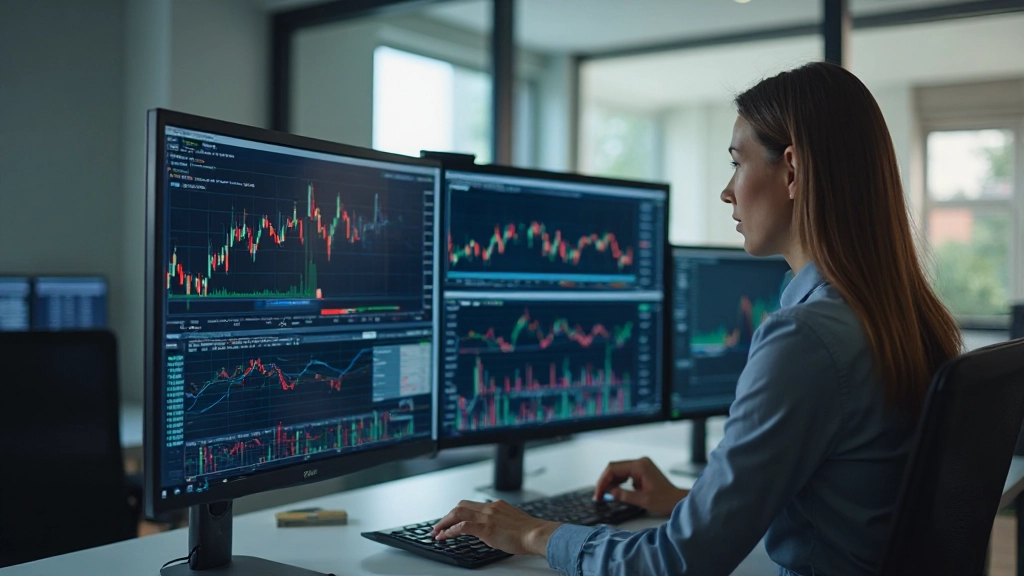 Professionelle Traderin analysiert Stochastik-Indikatoren auf mehreren Monitoren