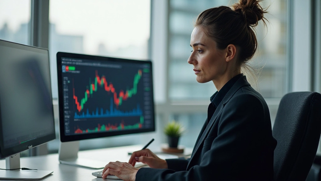 Professionelle Traderin analysiert Marktdiagramme auf mehreren Monitoren, modernes Handelszimmer, natürliches Licht