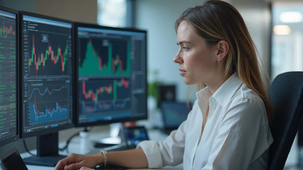 Traderin arbeitet konzentriert am Computer mit mehreren Finanz-Charts